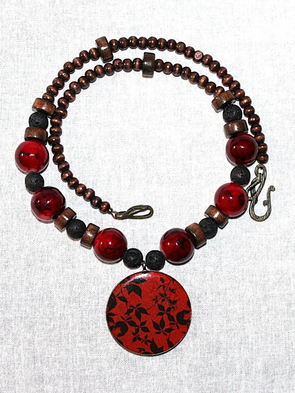 Red & Brown Beaded Leaf Necklace